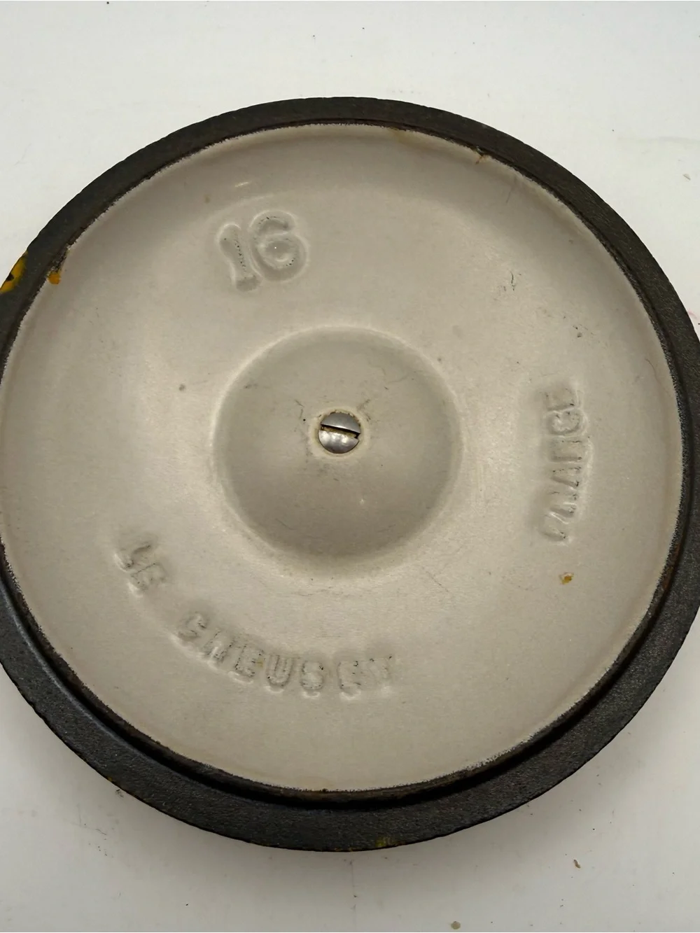 Vintage LE CREUSET Enameled Cast Iron Pot w/ Lid #16 Yellow Hollow Handle France